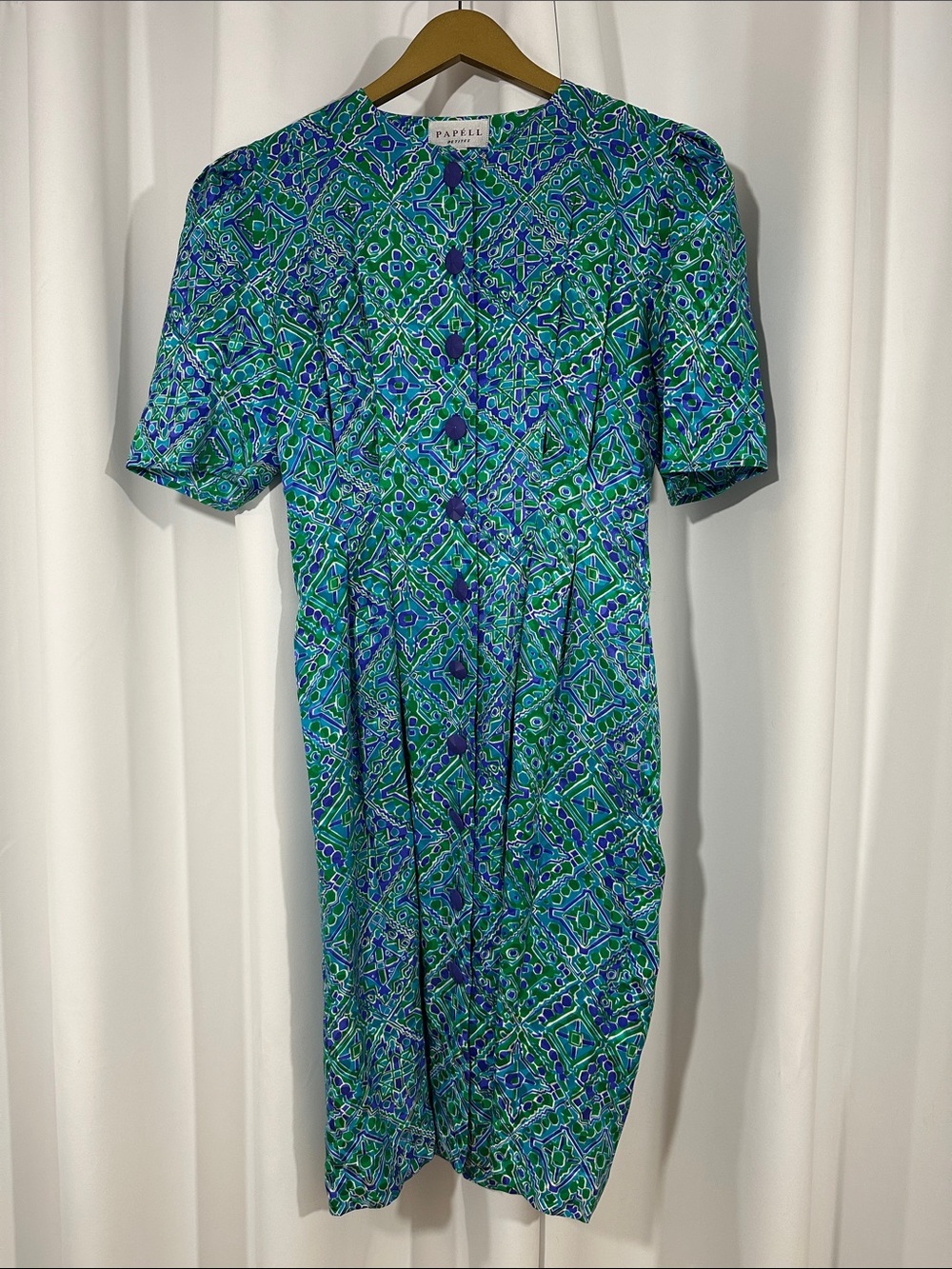 Vintage Papell Petites 100% Silk Geometric Print Button Front Dress Size 2